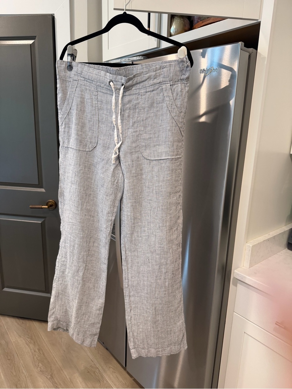 Athleta Light Gray and white striped Wide Leg Linen-Blend Pants